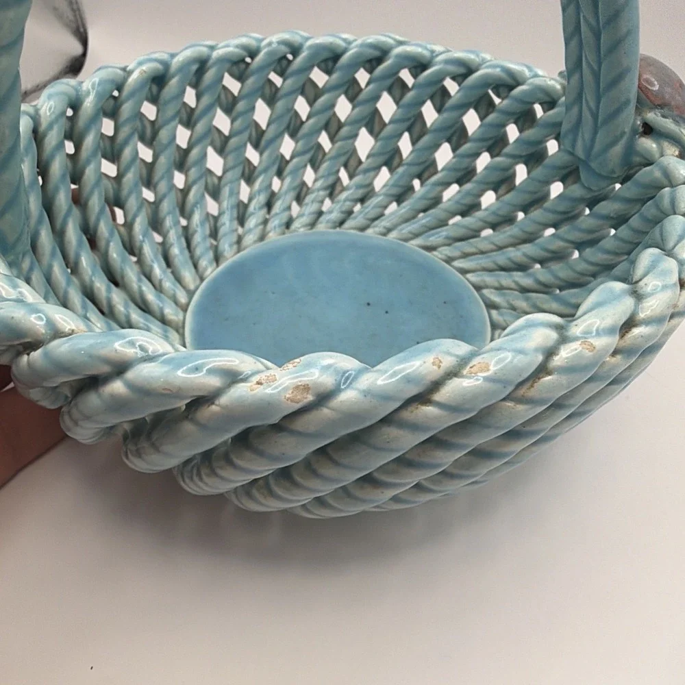 Vtg Spain Woven Ceramic Basket Aqua Blue Applied Fruit Floral Accents